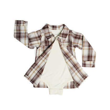 baby boy brown flannel button up shirt attached to a white bamboo onesie on a white background