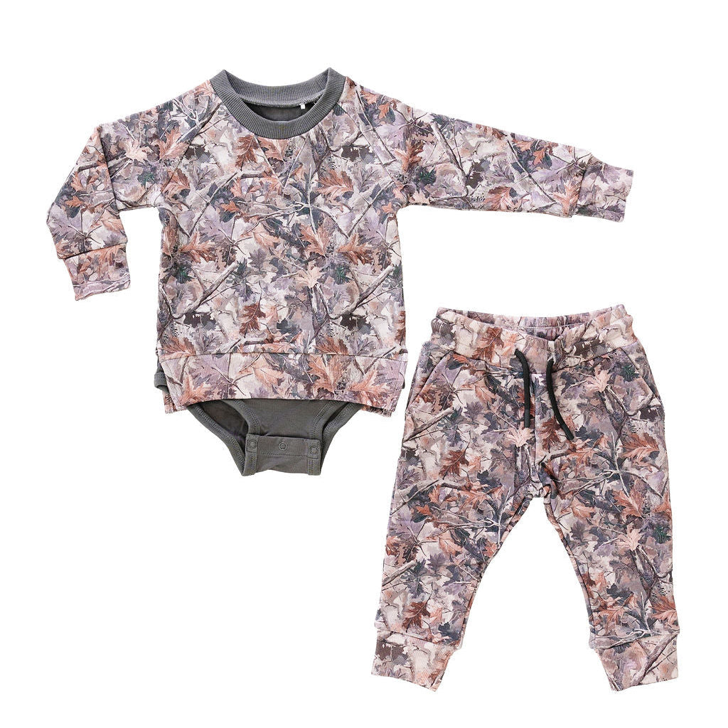 Camo Prints Sweatshirt Onesie + Sweatpant Set
