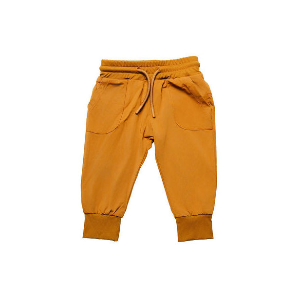Brown baby jogger pants with drawstring on a white background