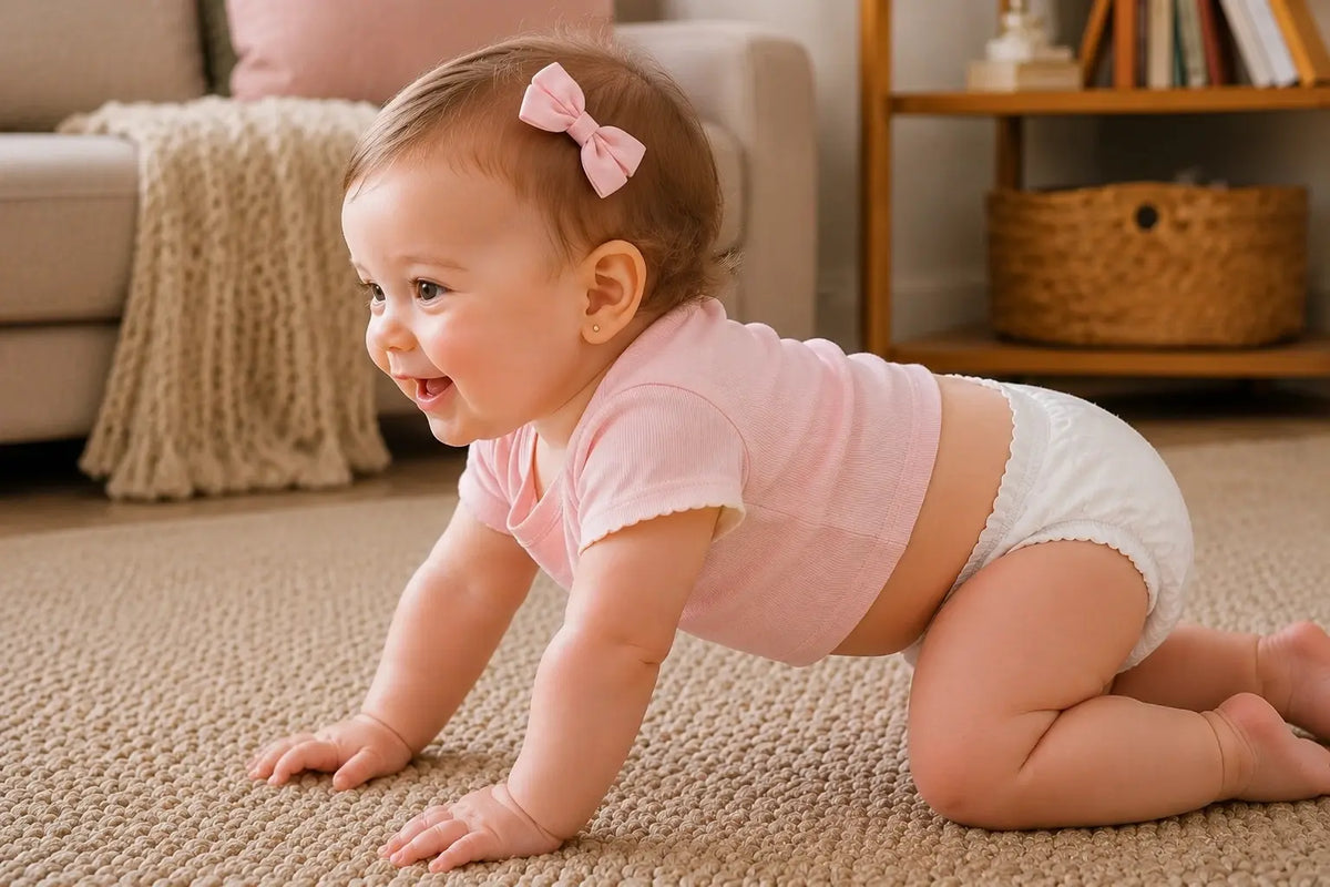 Baby crawling with shirt riding up