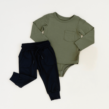 Long Sleeve Pocket Onesie + Tech Jogger Set (Olive & Black)