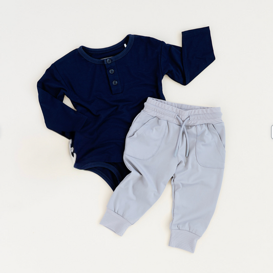 Long Sleeve Henley Onesie + Tech Jogger Set (Navy & Gray)