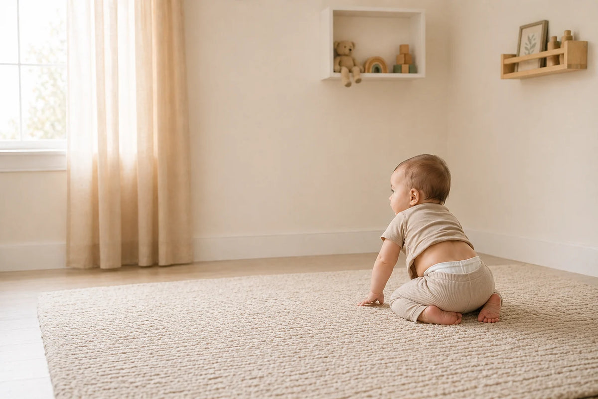 Baby being held with diaper visible above pants