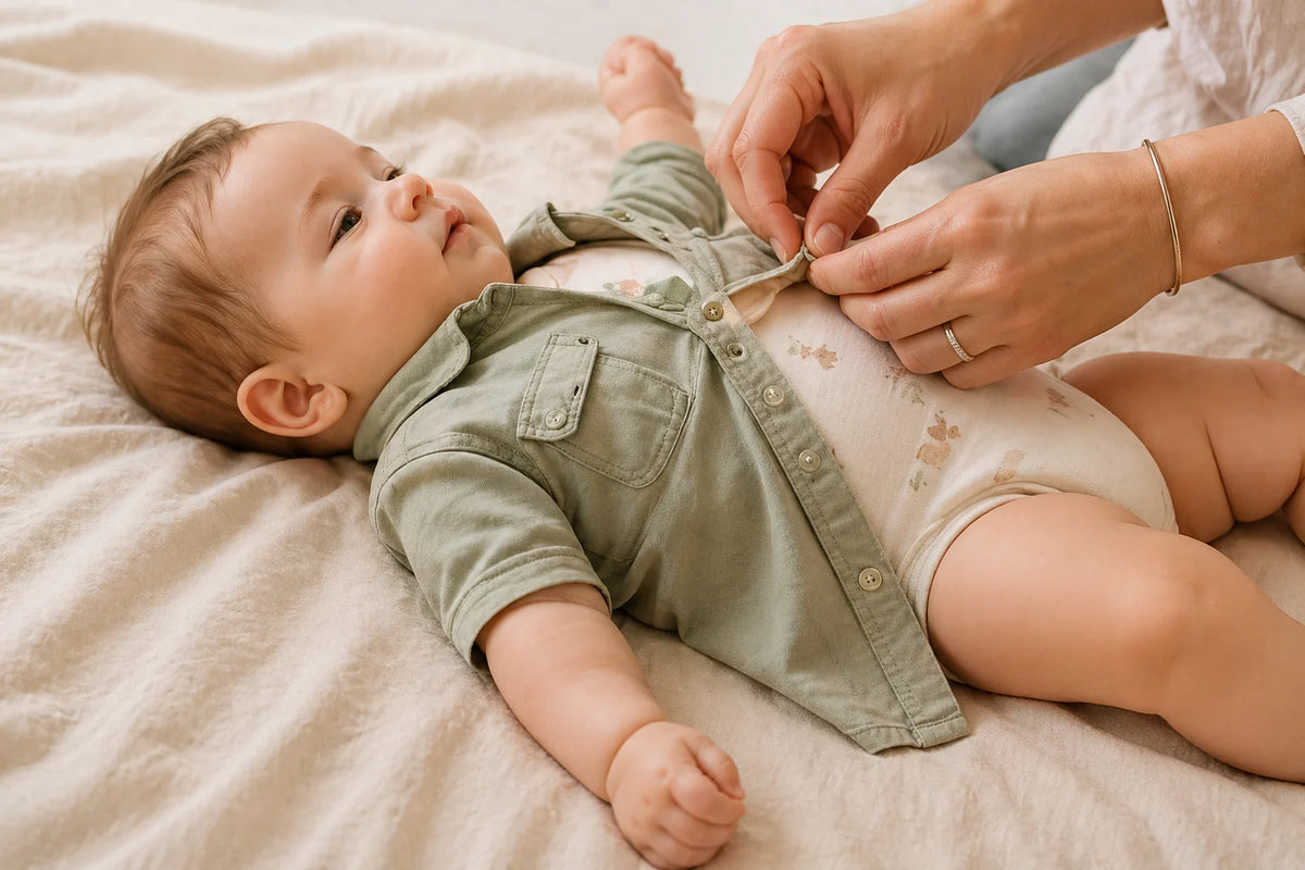 Parent buttoning a layered baby outfit