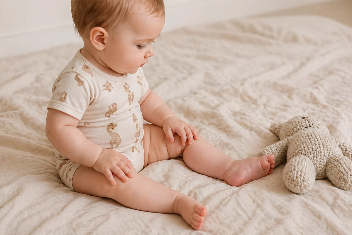 Baby sitting in a printed onesie on a blanket