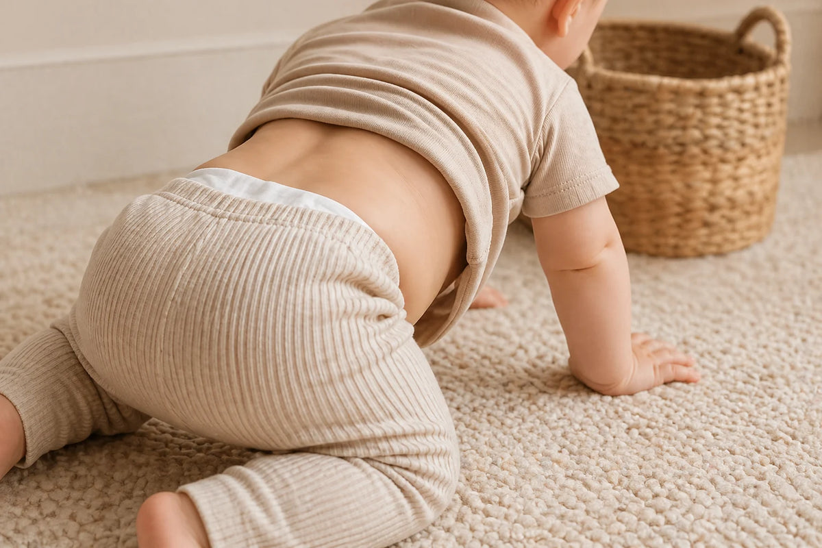 Baby crawling with shirt riding up