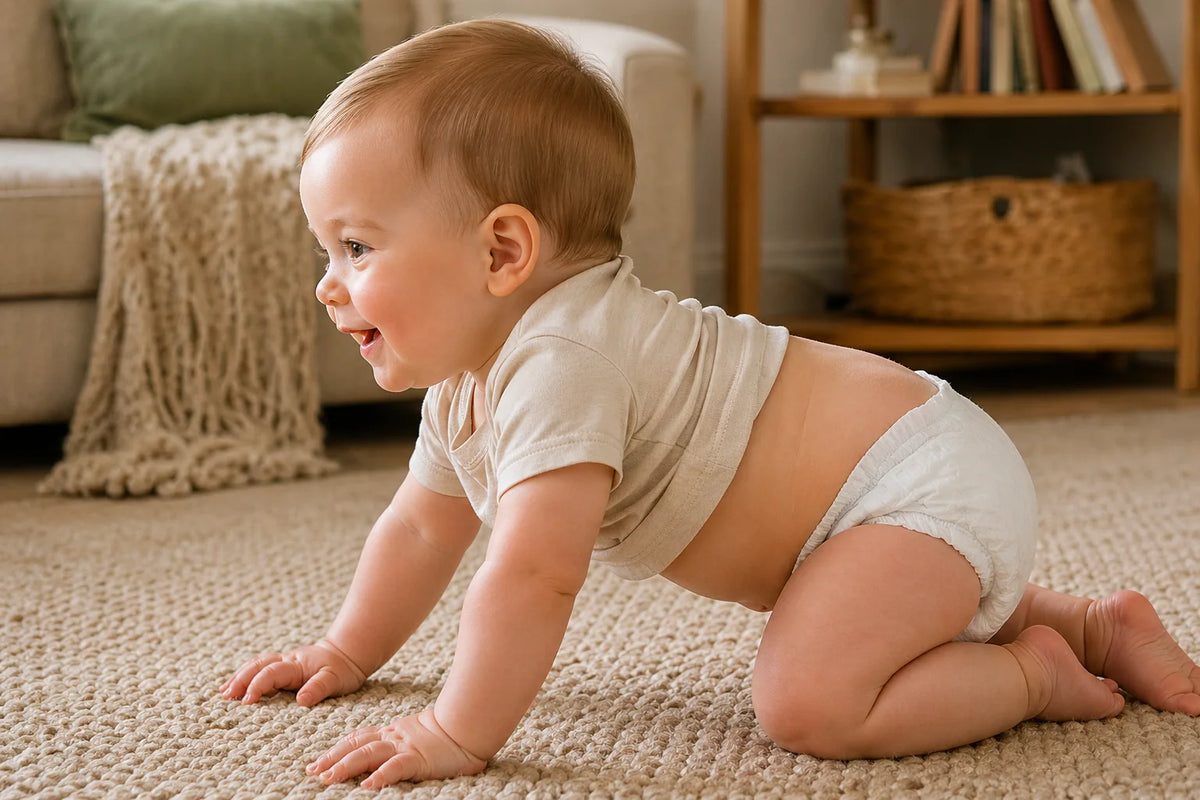 Baby crawling with shirt riding up