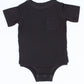 Black baby onesie with a pocket on a white background