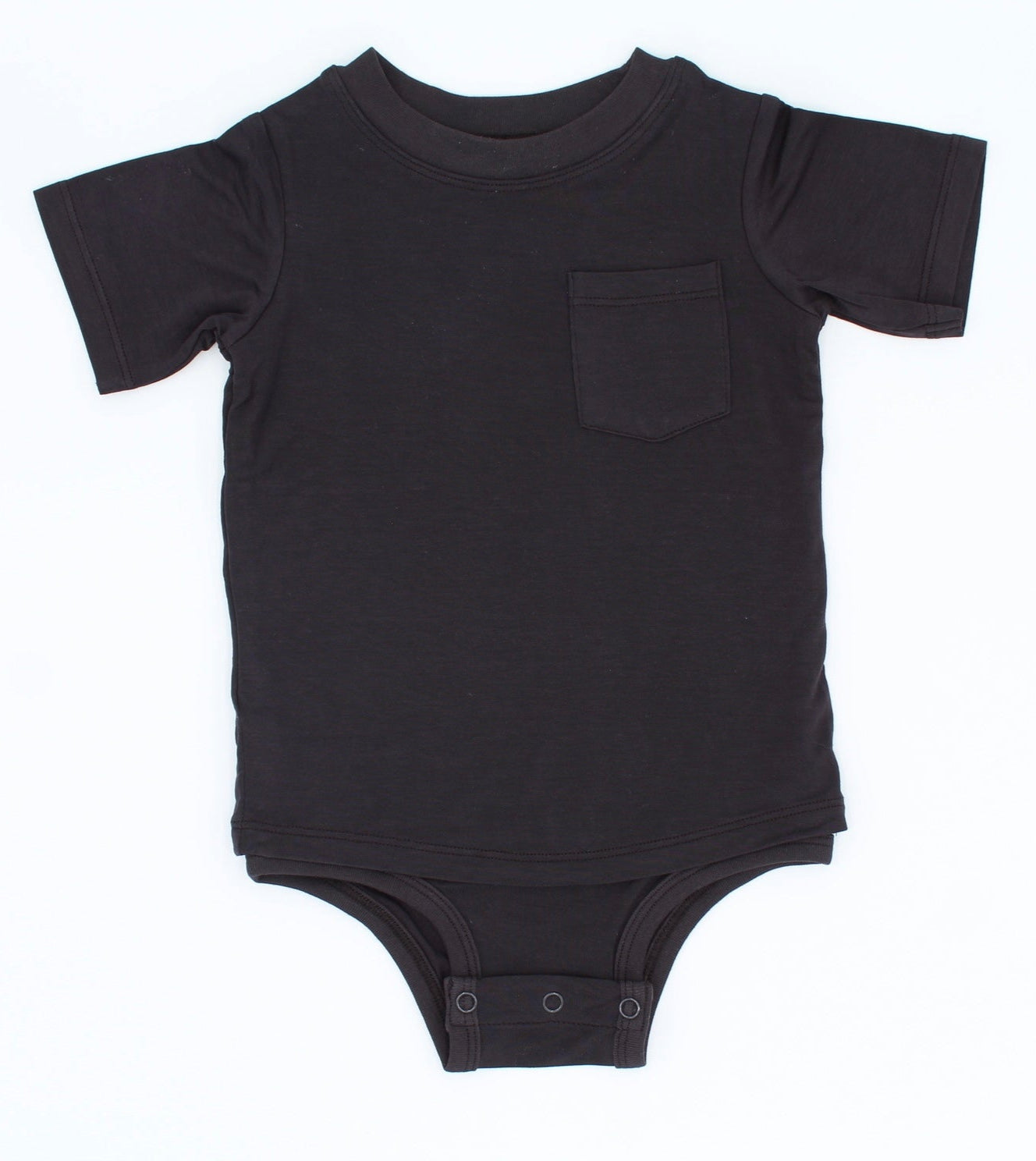 Black baby onesie with a pocket on a white background