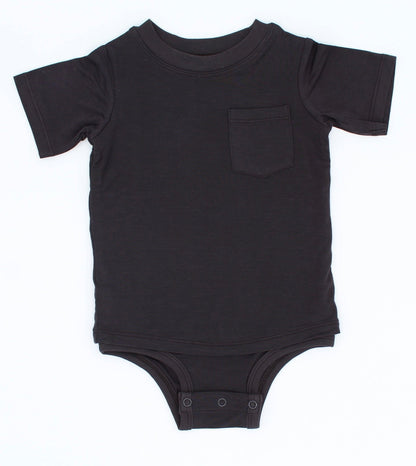 Black baby onesie with a pocket on a white background